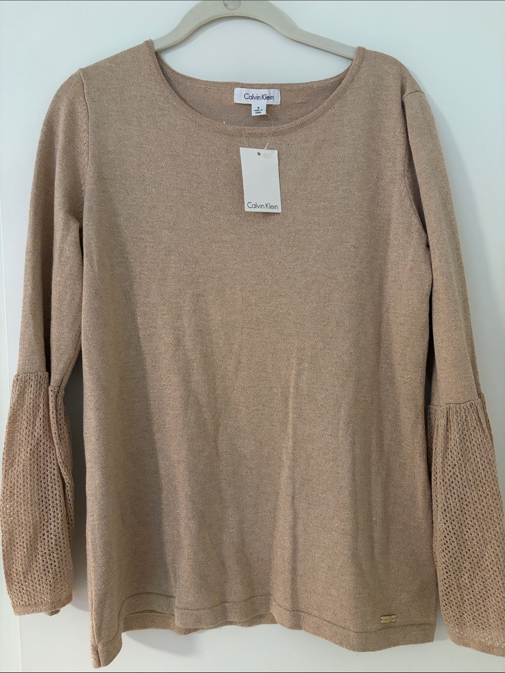 Calvin Klein Beige Knit Long-Sleeve Top with Textured Sleeves